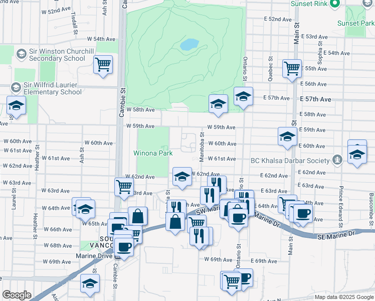 map of restaurants, bars, coffee shops, grocery stores, and more near 242 Waterleigh Drive in Vancouver