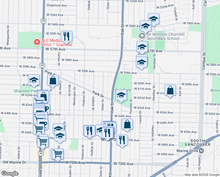 map of restaurants, bars, coffee shops, grocery stores, and more near in Vancouver