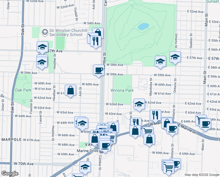 map of restaurants, bars, coffee shops, grocery stores, and more near 7649 Yukon Street in Vancouver