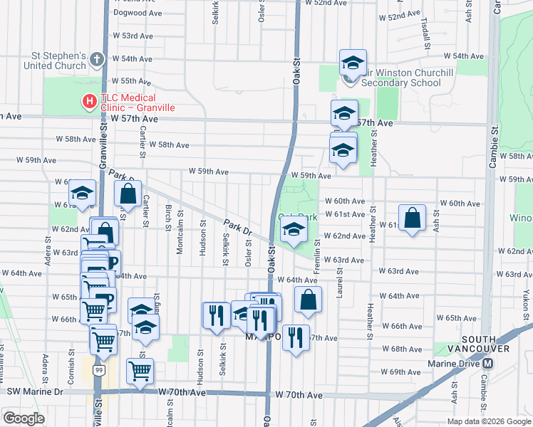map of restaurants, bars, coffee shops, grocery stores, and more near 7687 Oak Street in Vancouver