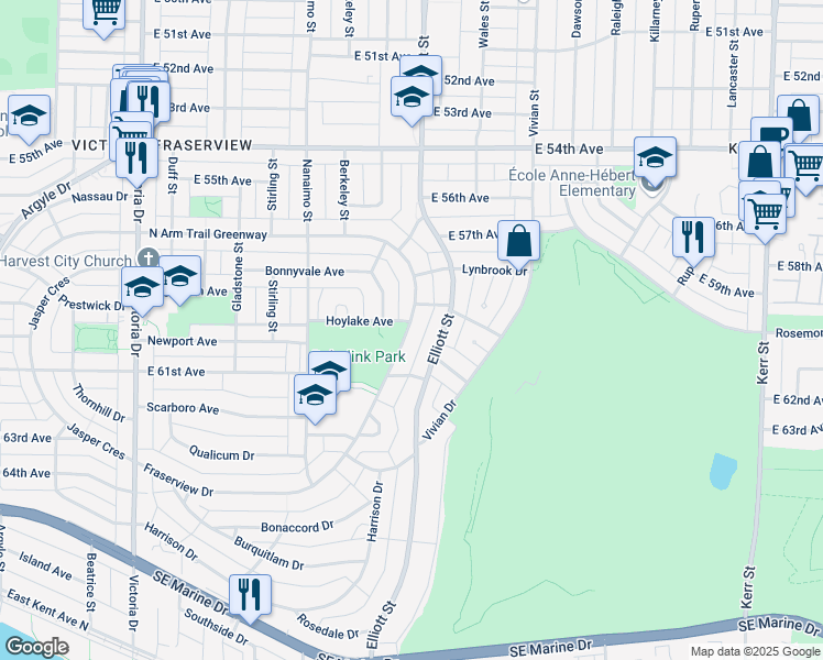 map of restaurants, bars, coffee shops, grocery stores, and more near 7558 Muirfield Drive in Vancouver
