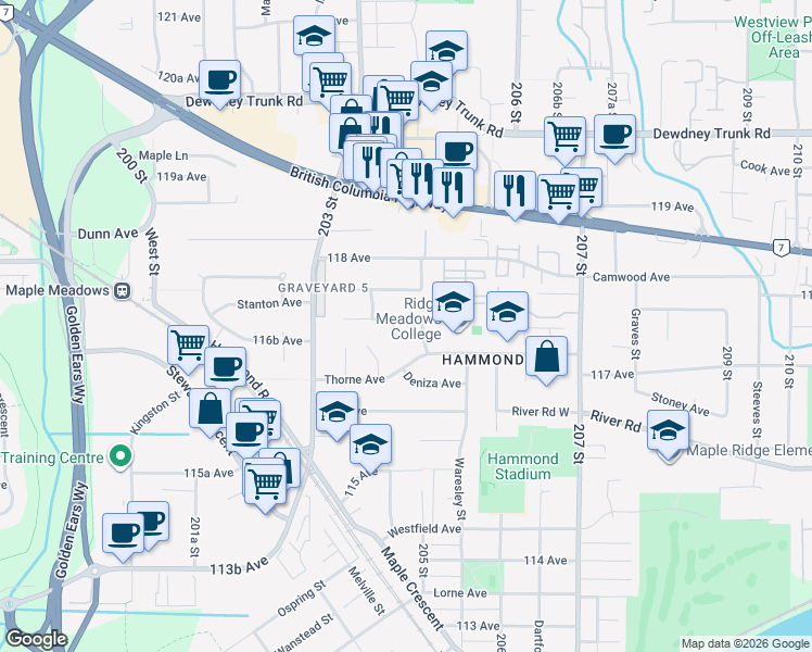 map of restaurants, bars, coffee shops, grocery stores, and more near 20444 Dale Drive in Maple Ridge
