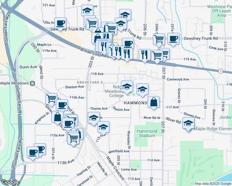map of restaurants, bars, coffee shops, grocery stores, and more near 20460 Dale Drive in Maple Ridge