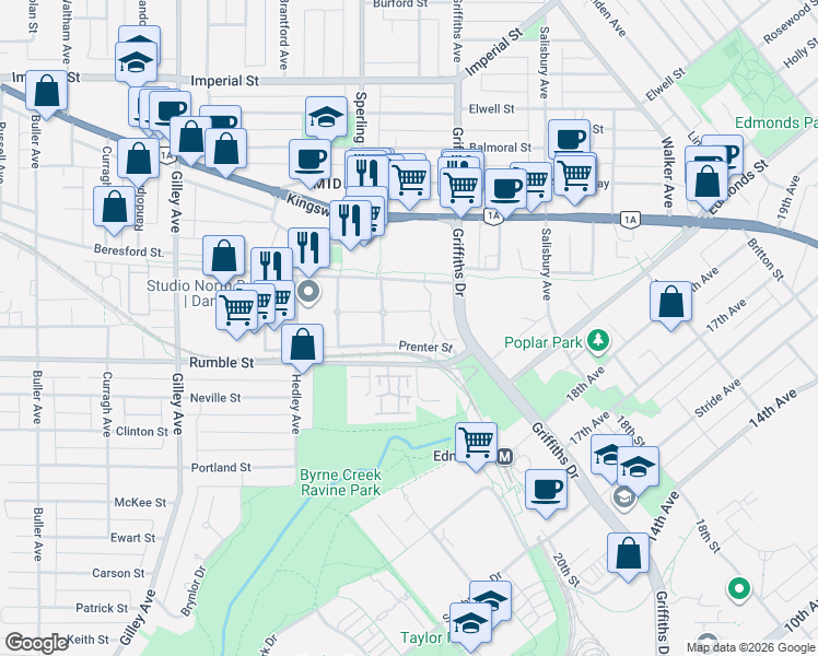 map of restaurants, bars, coffee shops, grocery stores, and more near 6893 Prenter Street in Burnaby
