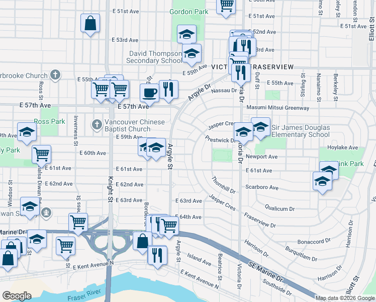 map of restaurants, bars, coffee shops, grocery stores, and more near in Vancouver