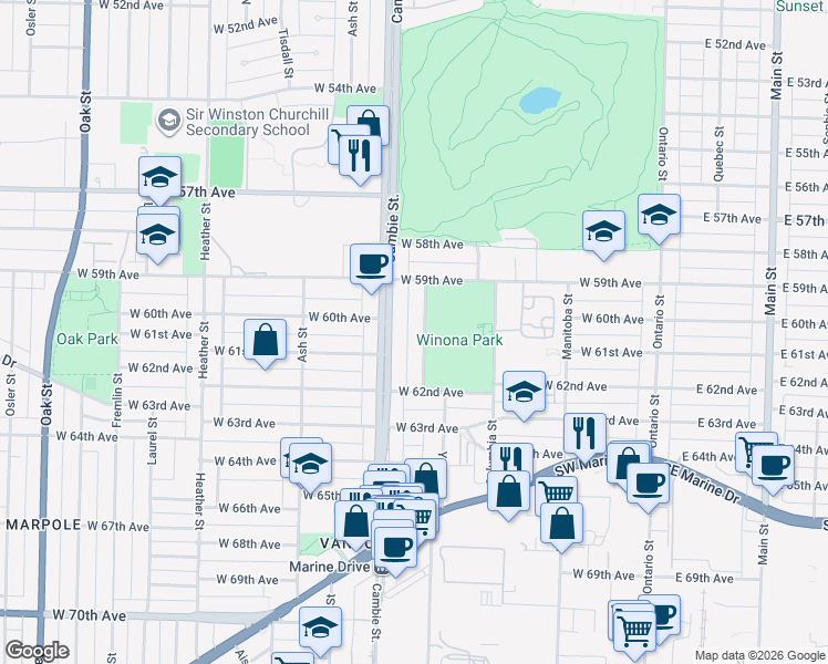 map of restaurants, bars, coffee shops, grocery stores, and more near 7719 Yukon Street in Vancouver