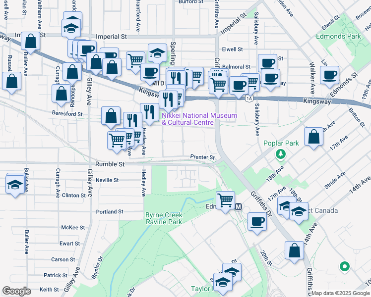 map of restaurants, bars, coffee shops, grocery stores, and more near 7470 Magnolia Terrace in Burnaby