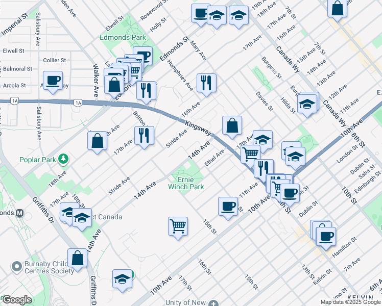 map of restaurants, bars, coffee shops, grocery stores, and more near 7335 14th Avenue in Burnaby