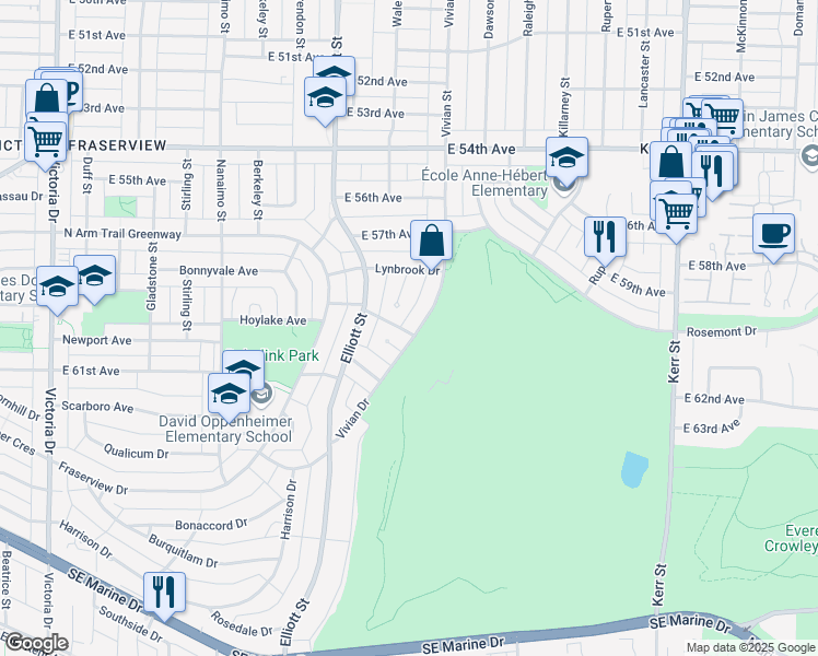 map of restaurants, bars, coffee shops, grocery stores, and more near 7589 Vivian Drive in Vancouver