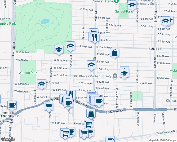 map of restaurants, bars, coffee shops, grocery stores, and more near 172 East 60th Avenue in Vancouver