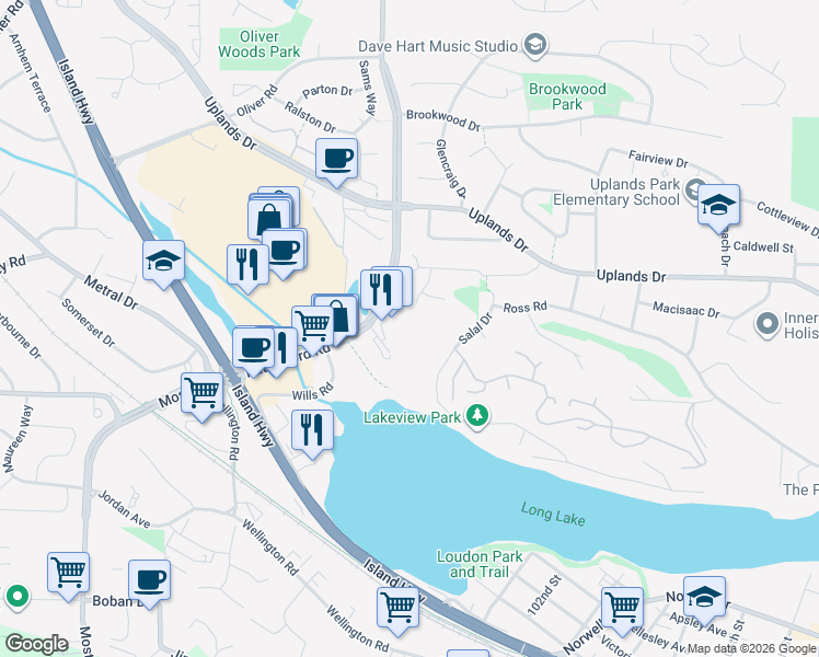 map of restaurants, bars, coffee shops, grocery stores, and more near 4831 Cedar Ridge Place in Nanaimo