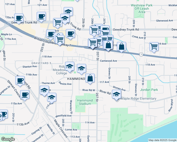 map of restaurants, bars, coffee shops, grocery stores, and more near 20653 Thorne Avenue in Maple Ridge