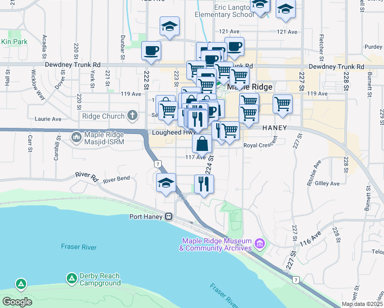 map of restaurants, bars, coffee shops, grocery stores, and more near 22374 117 Avenue in Maple Ridge