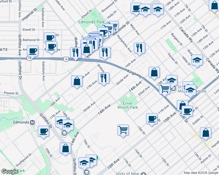 map of restaurants, bars, coffee shops, grocery stores, and more near 7277 Stride Avenue in Burnaby