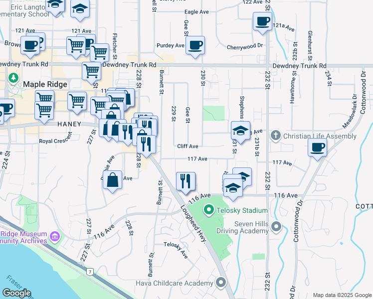 map of restaurants, bars, coffee shops, grocery stores, and more near 22950 Cliff Avenue in Maple Ridge