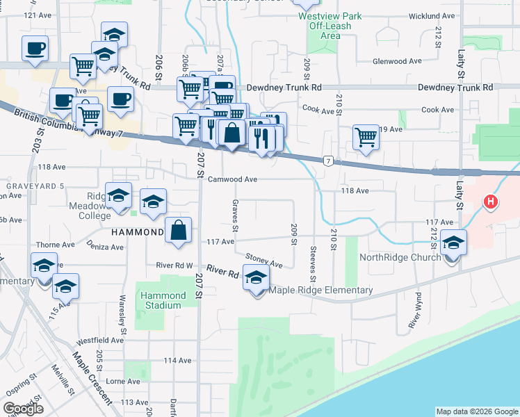 map of restaurants, bars, coffee shops, grocery stores, and more near 11756 208 Street in Maple Ridge