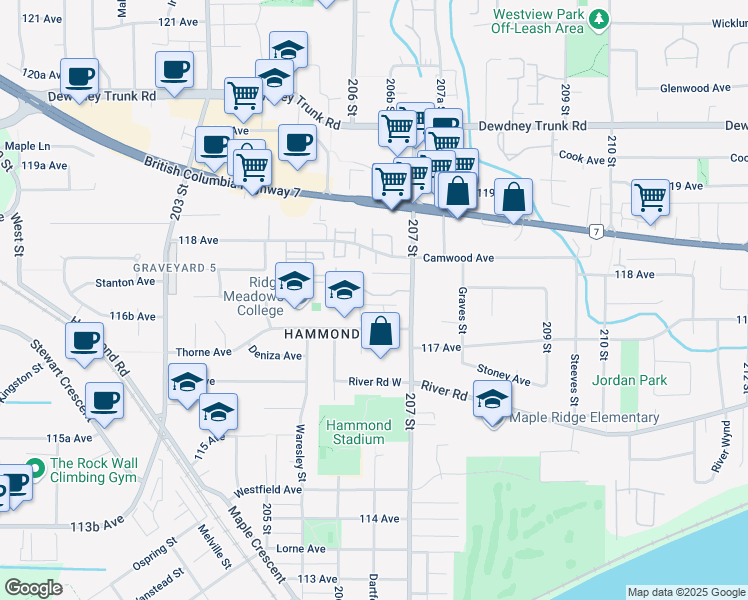 map of restaurants, bars, coffee shops, grocery stores, and more near 20653 Thorne Avenue in Maple Ridge