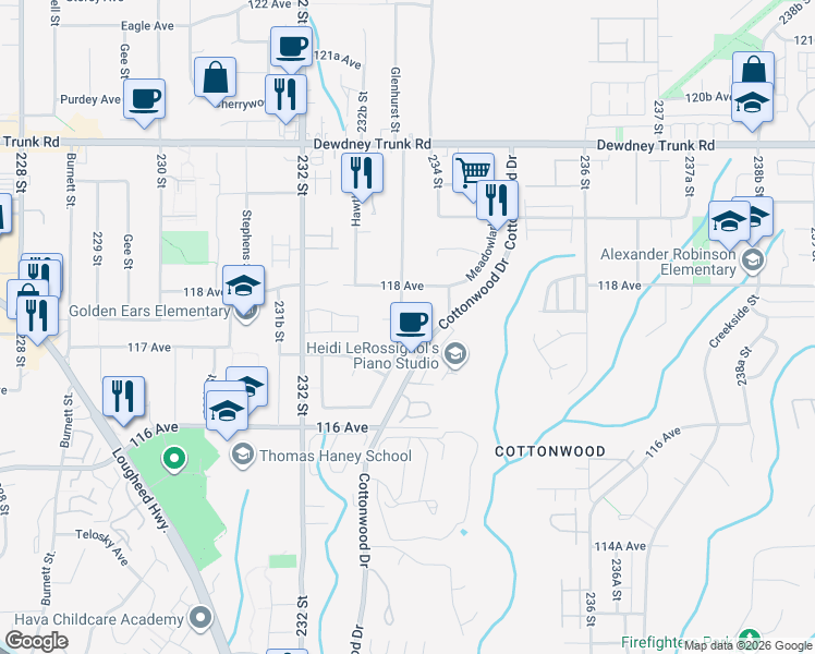 map of restaurants, bars, coffee shops, grocery stores, and more near 11719 Glenhurst Street in Maple Ridge