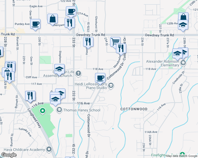map of restaurants, bars, coffee shops, grocery stores, and more near 11750 Glenhurst Street in Maple Ridge