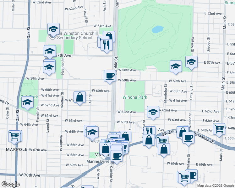 map of restaurants, bars, coffee shops, grocery stores, and more near 7638 Cambie Street in Vancouver