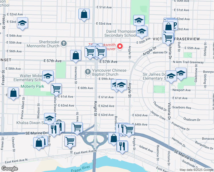 map of restaurants, bars, coffee shops, grocery stores, and more near 1503 East 60th Avenue in Vancouver