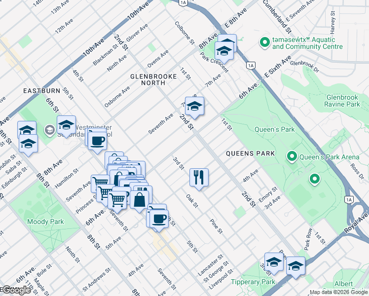 map of restaurants, bars, coffee shops, grocery stores, and more near 220 6th Avenue in New Westminster