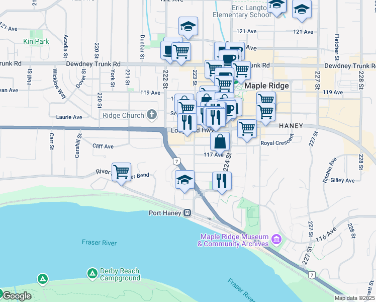 map of restaurants, bars, coffee shops, grocery stores, and more near in Maple Ridge