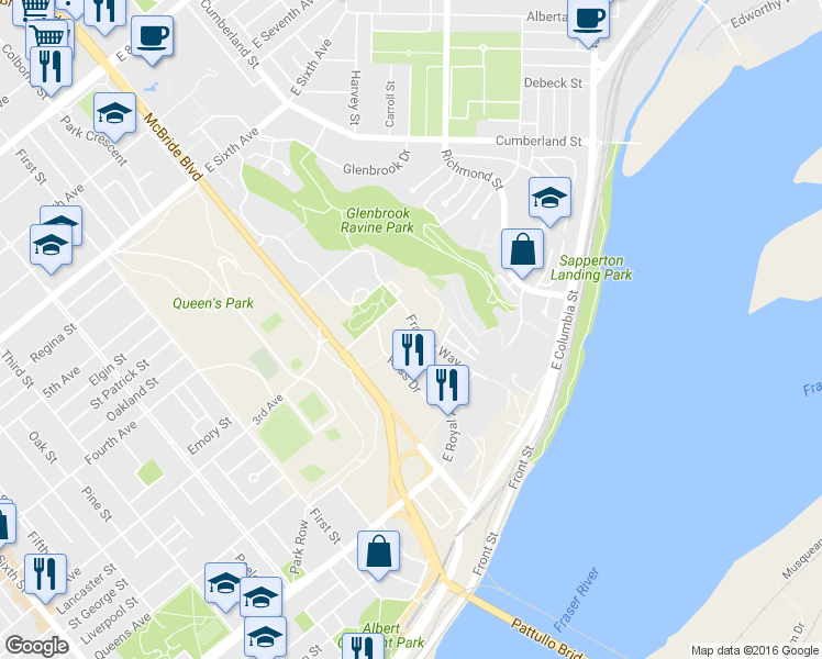 map of restaurants, bars, coffee shops, grocery stores, and more near in New Westminster