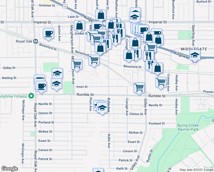 map of restaurants, bars, coffee shops, grocery stores, and more near 5885 Buller Avenue in Burnaby