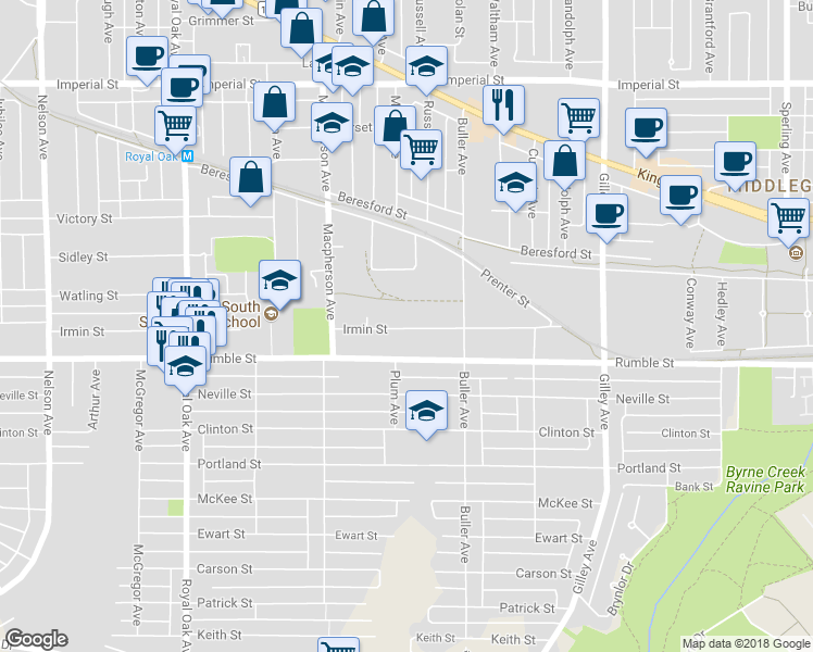 map of restaurants, bars, coffee shops, grocery stores, and more near 5725 Rumble Street in Burnaby