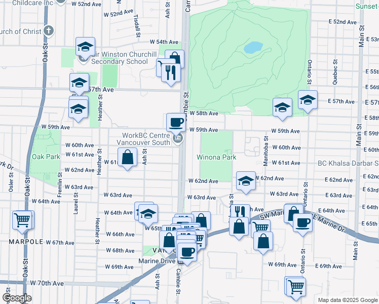 map of restaurants, bars, coffee shops, grocery stores, and more near in Vancouver