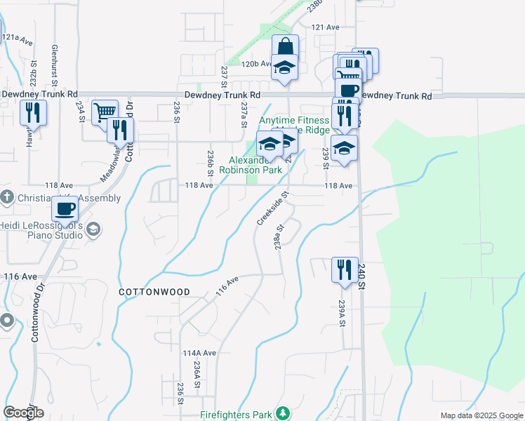 map of restaurants, bars, coffee shops, grocery stores, and more near 11749 Creekside Street in Maple Ridge