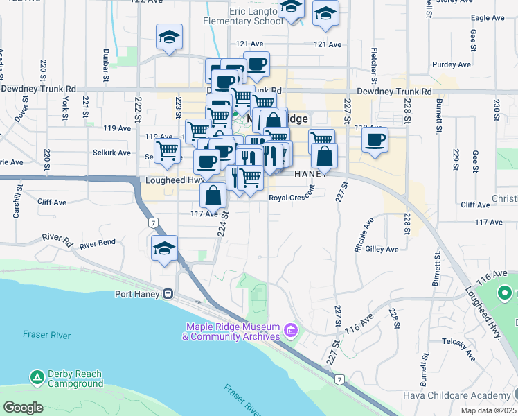 map of restaurants, bars, coffee shops, grocery stores, and more near 22466 North Avenue in Maple Ridge