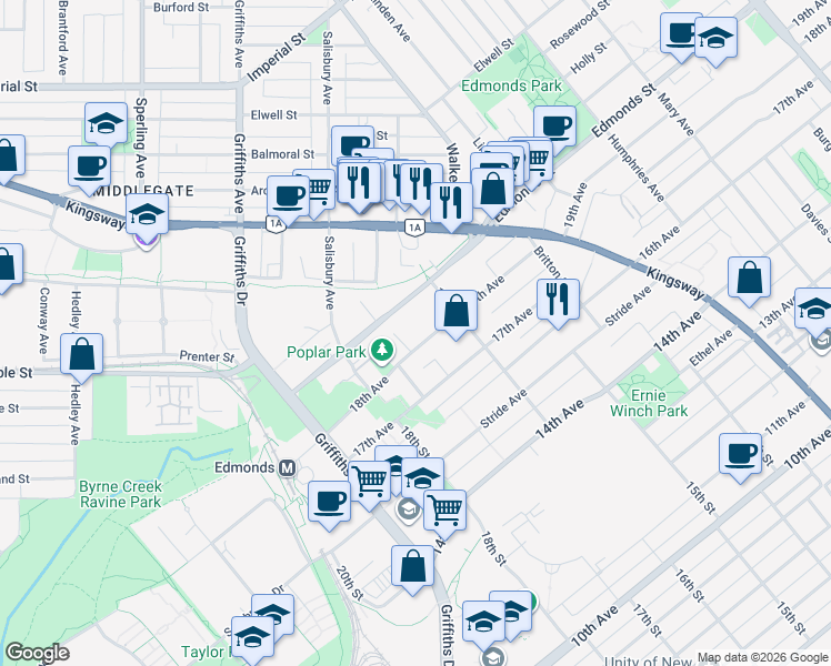 map of restaurants, bars, coffee shops, grocery stores, and more near 7179 18th Avenue in Burnaby