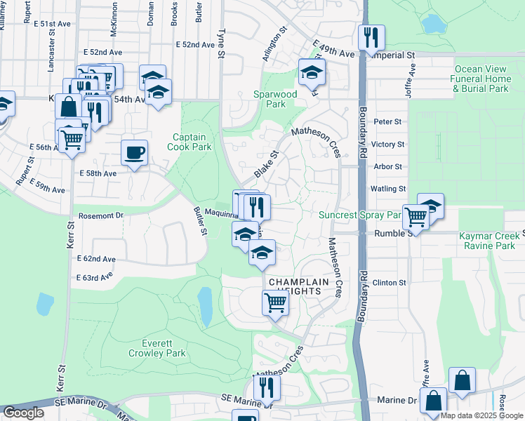 map of restaurants, bars, coffee shops, grocery stores, and more near 3416 Nairn Avenue in Vancouver