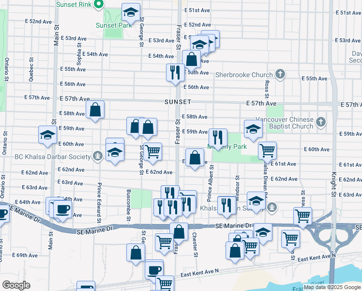 map of restaurants, bars, coffee shops, grocery stores, and more near 7592 Fraser Street in Vancouver
