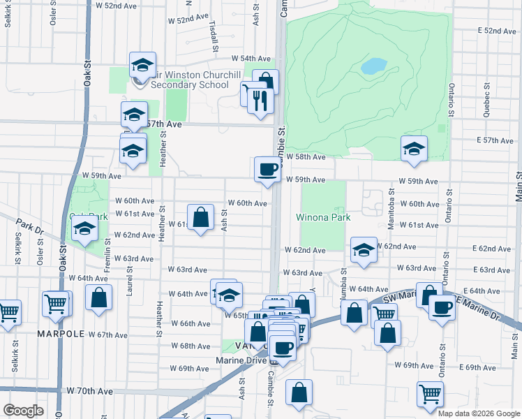 map of restaurants, bars, coffee shops, grocery stores, and more near in Vancouver