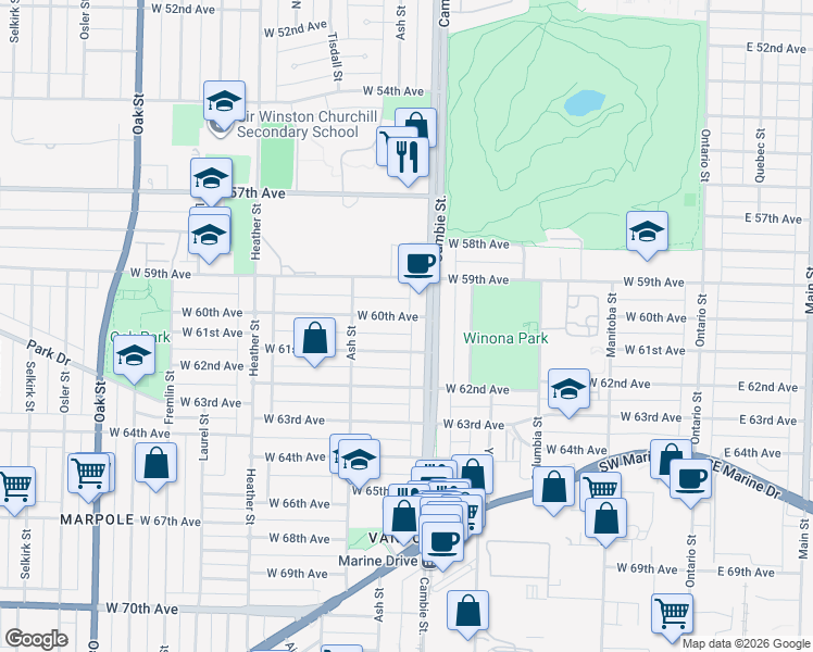 map of restaurants, bars, coffee shops, grocery stores, and more near 516 West 60th Avenue in Vancouver
