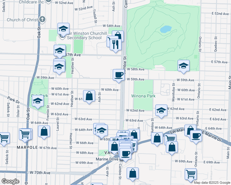 map of restaurants, bars, coffee shops, grocery stores, and more near 514 West 60th Avenue in Vancouver