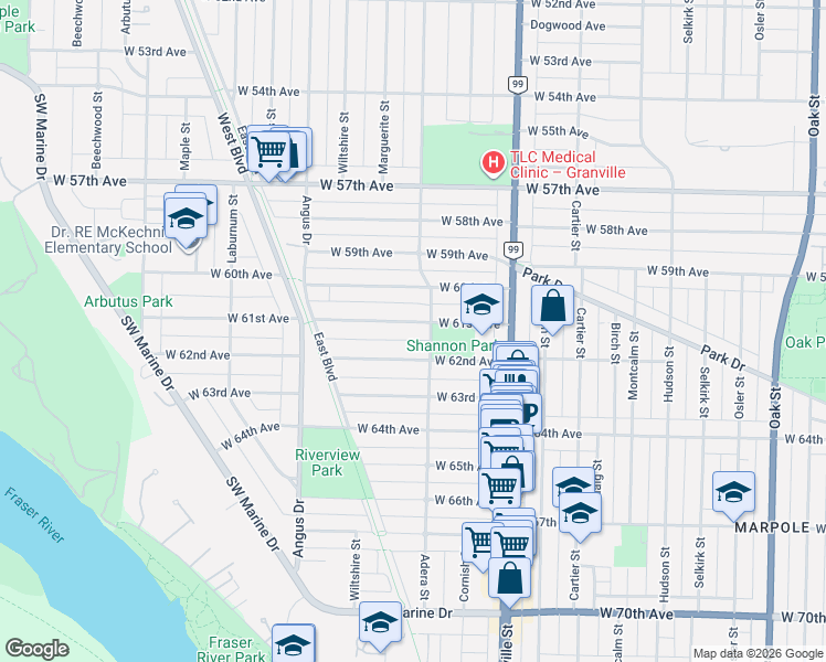 map of restaurants, bars, coffee shops, grocery stores, and more near 1624 West 61st Avenue in Vancouver