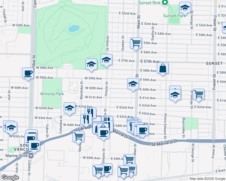 map of restaurants, bars, coffee shops, grocery stores, and more near 36 East 60th Avenue in Vancouver