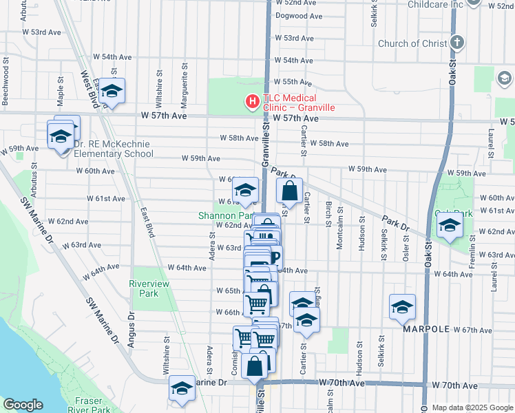 map of restaurants, bars, coffee shops, grocery stores, and more near 7709 Granville Street in Vancouver