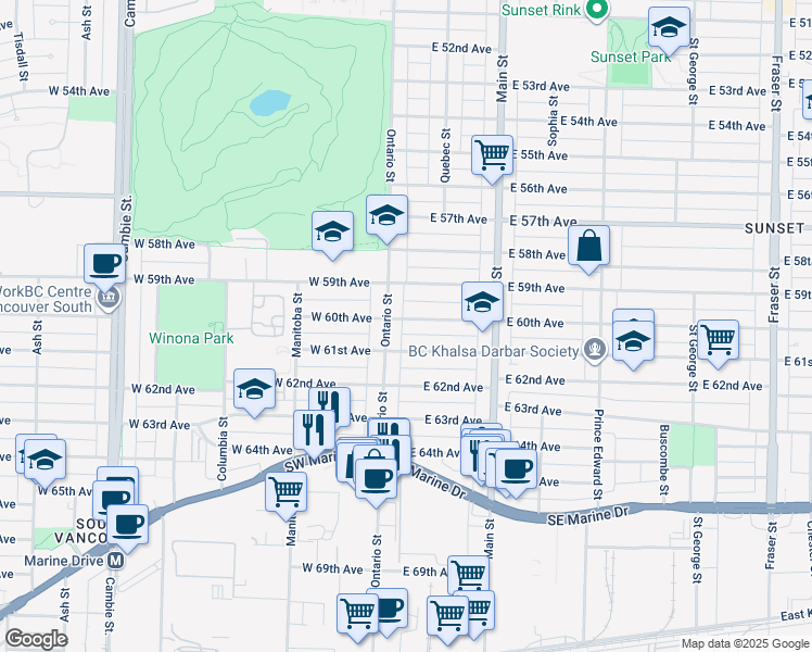 map of restaurants, bars, coffee shops, grocery stores, and more near 20 East 60th Avenue in Vancouver