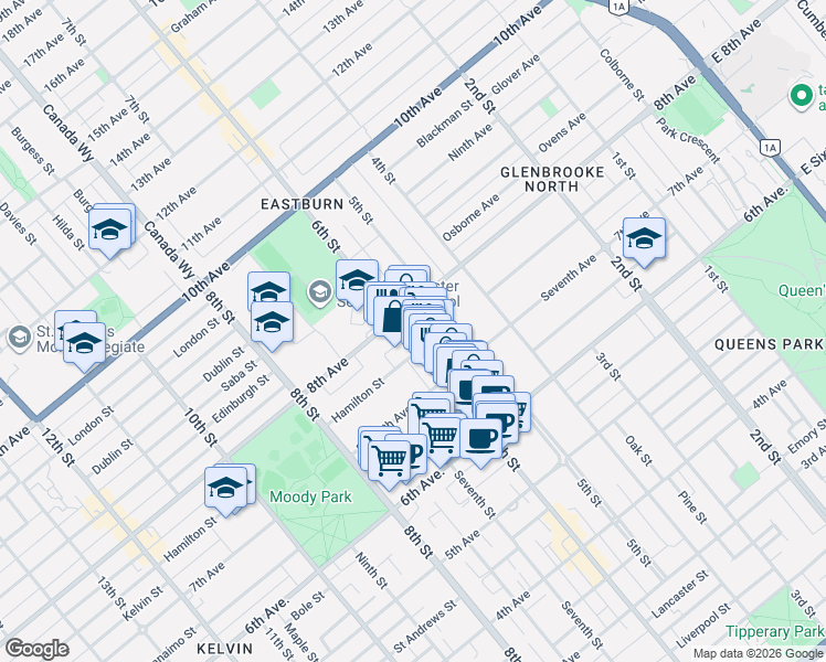 map of restaurants, bars, coffee shops, grocery stores, and more near 775 6th Street in New Westminster