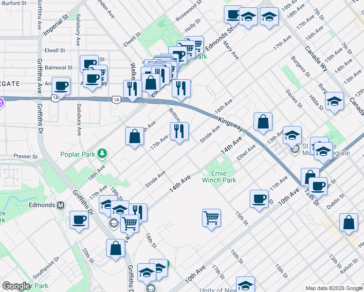 map of restaurants, bars, coffee shops, grocery stores, and more near 7270 16th Avenue in Burnaby