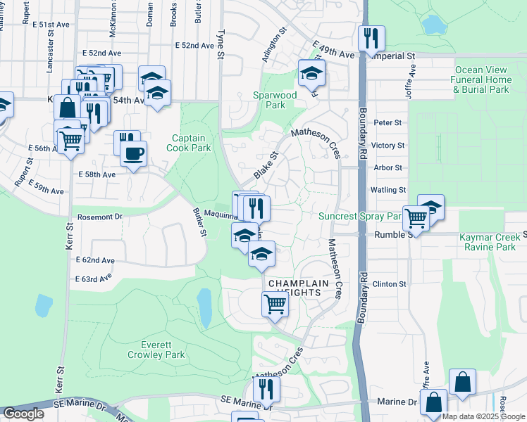 map of restaurants, bars, coffee shops, grocery stores, and more near 3420 Nairn Avenue in Vancouver