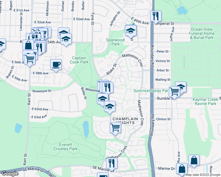 map of restaurants, bars, coffee shops, grocery stores, and more near 3420 Nairn Avenue in Vancouver