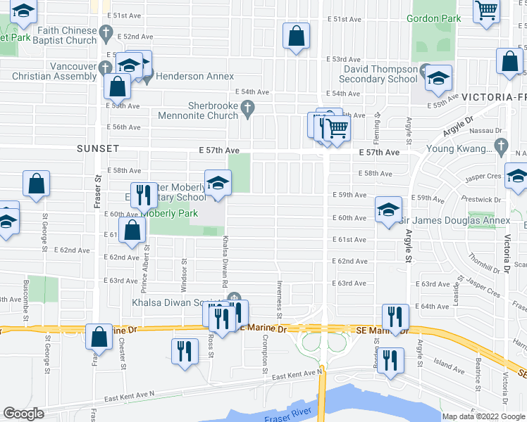 map of restaurants, bars, coffee shops, grocery stores, and more near 1257 East 60th Avenue in Vancouver