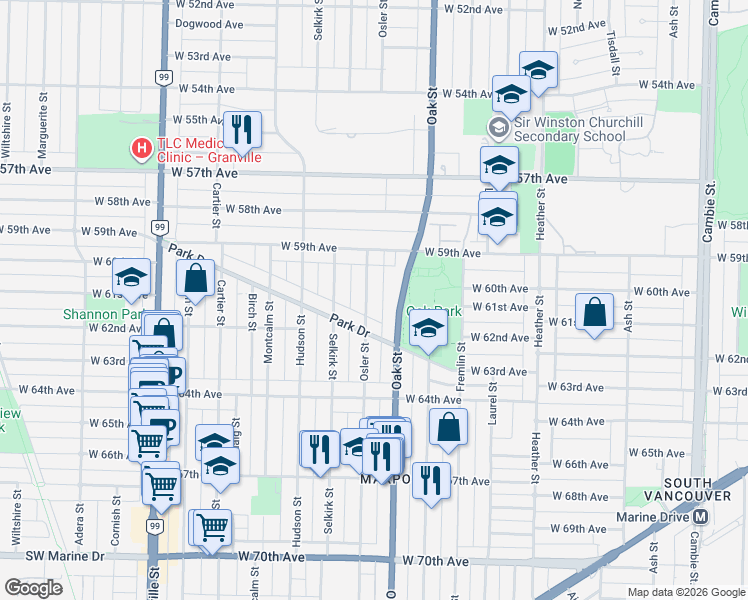 map of restaurants, bars, coffee shops, grocery stores, and more near in Vancouver