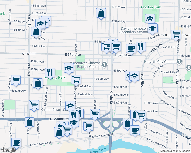 map of restaurants, bars, coffee shops, grocery stores, and more near 1307 East 60th Avenue in Vancouver